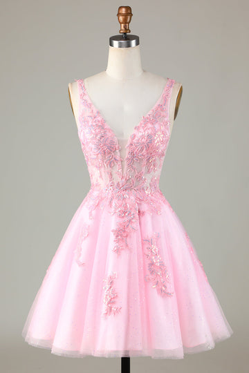 Pink Glitter Cute Short Ball Dress with Appliques